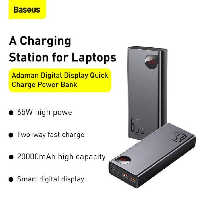 Повербанк BASEUS Adaman Metal Digital Display Quick Charge 20000mAh (2USB / 1Type-C, 6A, 65W). Black