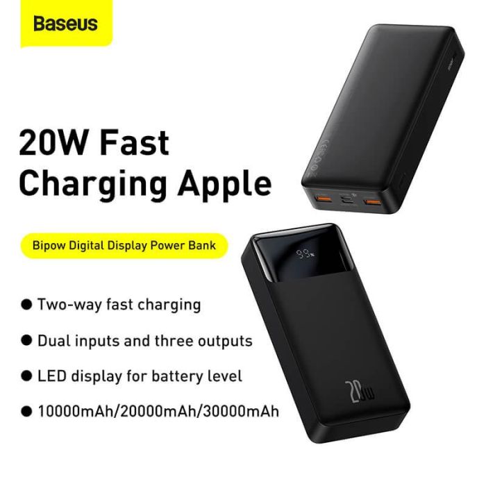 Baseus Bipow Digital Display 20000 mAh | 2USB / 1Type-C, PD / QC, 20W, 3A |. Black