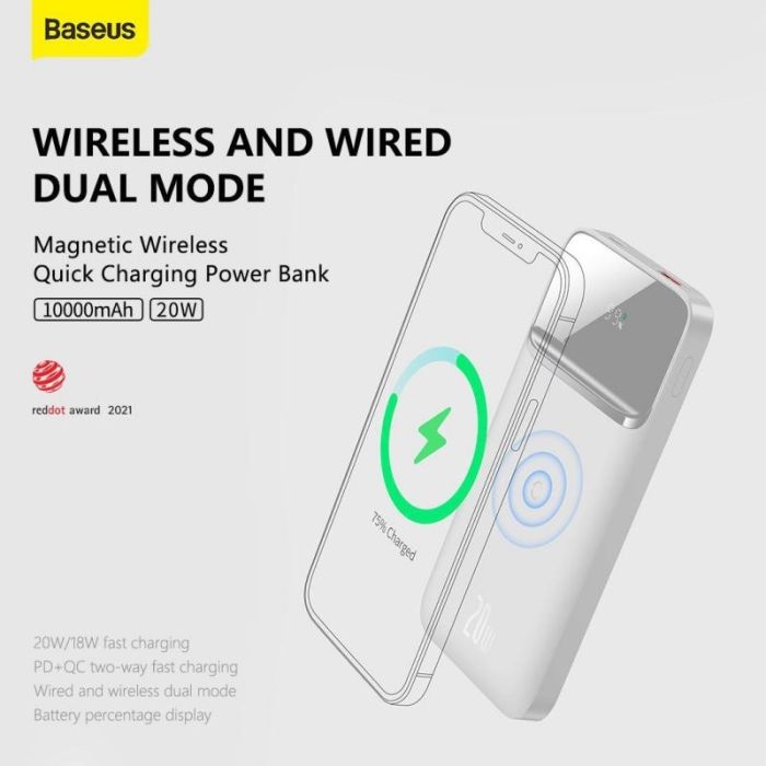 Baseus Magnetic wireless Quick Charge 10000 mAh 20W для iPhone 12-13|12-13 Pro|Max|Watch| AirPods| iPad| Samsung| Xiaomi| Huawei| Lenovo| Oppo White