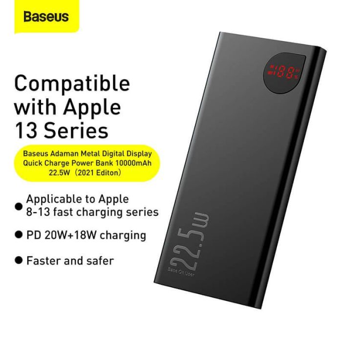 Baseus Adaman Metal Digital Display 10000 mAh (2USB/Type-C/Lightning, 22.5W/5A). Black