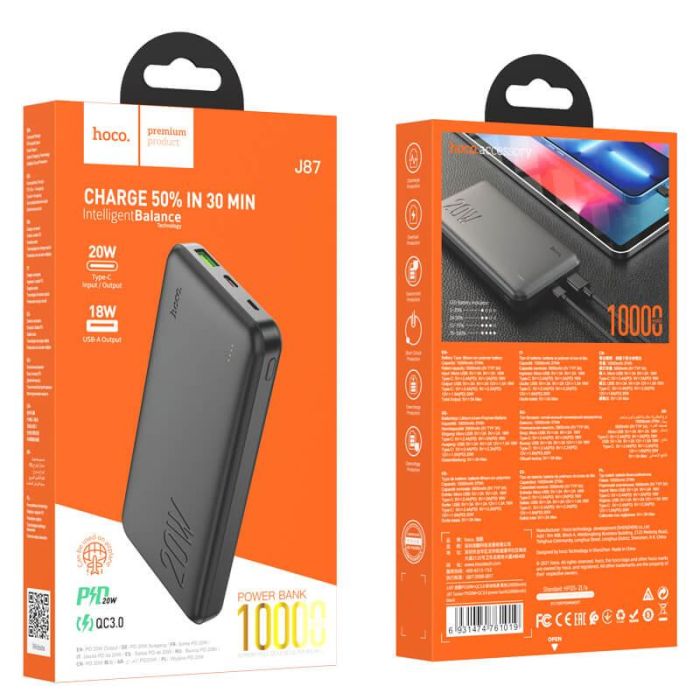 Hoco Tacker J87 10000 mAh |1USB/1Type-C, 20W/3A, QC/PD| Black з швидкою зарядкою (J87B)