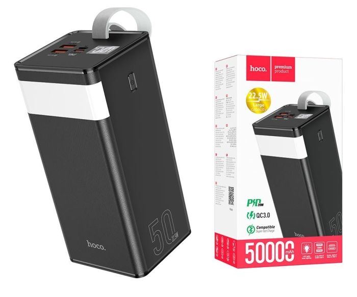 Hoco 50000 mAh Quick Charge 2xUSB/1xType-C, PD/QC, 3A/22.5W для iPhone, Android, Xiaomi, Samsung, Huawei black