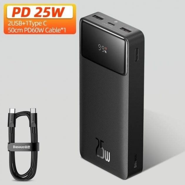 Baseus Quick Charge 20000 mAh 25W з кабелем USB-C 60W (20V/3A) black