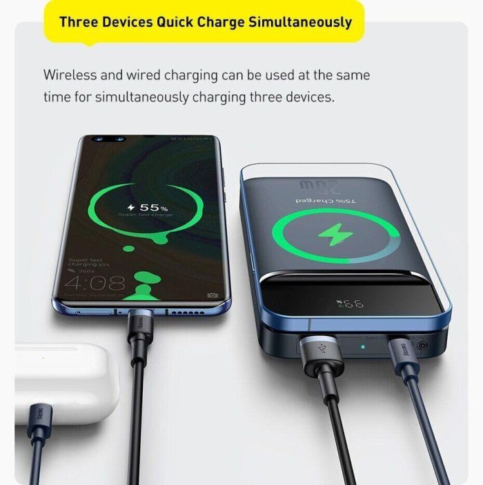Baseus Quick Charge 10000 mAh 20W з швидкою бездротовою зарядкою для Android/iOS White
