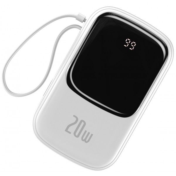 Павербанк 20000 mAh 20W Power Bank с быстрой зарядкой Baseus Q Pow Quick Charge Портативный аккумулятор внешний аккумулятор + кабель Lightning для iPhone/iPad/Samsung/Xiaomi/Huawei Белый