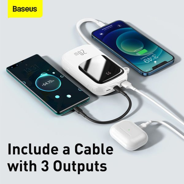 Baseus 20000 mAh 20W с быстрой зарядкойQ Pow Quick Charge Портативный + кабель Lightning для iPhone/iPad/Samsung//Huawei Белый