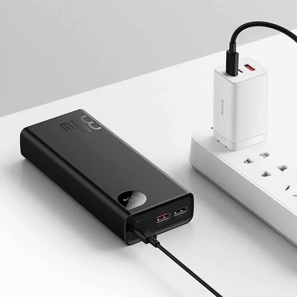 Baseus Adaman 2 + кабель USB to Type-C, 0.3 метра (3A, 10000 mAh, 30Вт, Type-C x 2 USB-A, QC 3.0, швидка зарядка) - Чорний