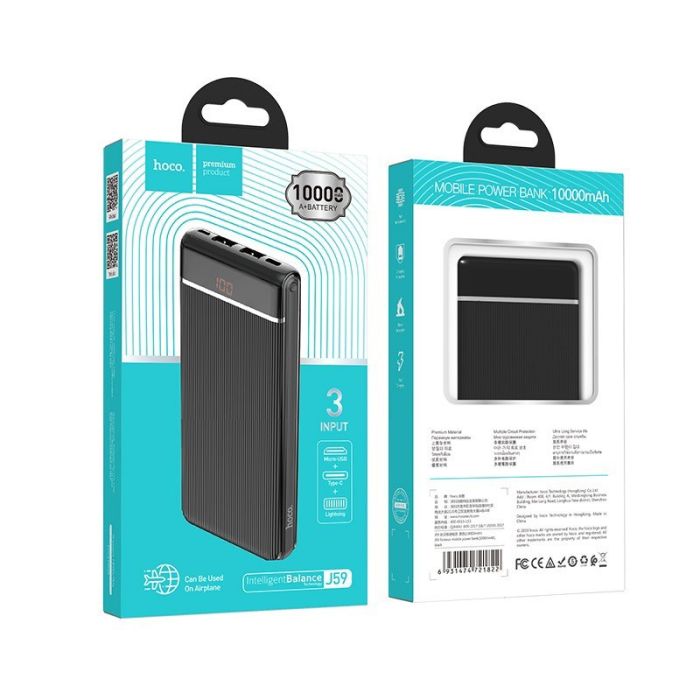 Hoco J59 Famous (10000 mAh, 2USB + Type-C + Micro-USB, 2A, LED дисплей) - Чорний