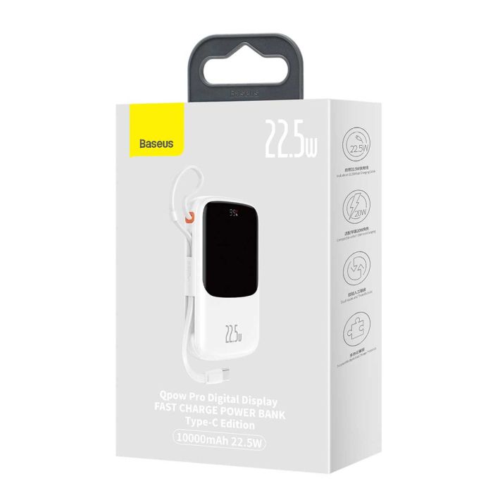 Baseus Qpow Pro Digital Display Fast Charge 20W з вбудованим кабелем Type-C на 10000 mAh (PPQD020102) White
