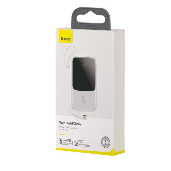 Baseus Q Pow 10000 mAh premium 15W 3A с технологией QC3.0+PD3.0 и Type-C кабелем карманная стильная Mini White