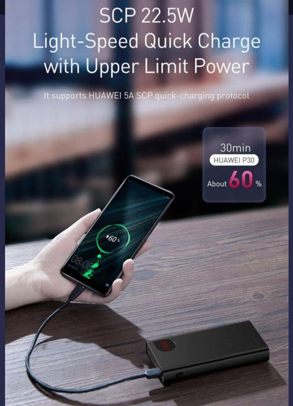 Baseus  20000 mAh 22.5W 2xUSB 2.1A, micro-USB, Type-C, портативна батарея