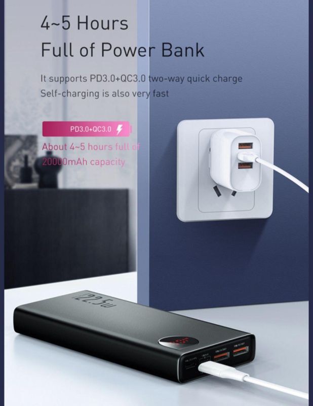 Baseus  20000 mAh 22.5W 2xUSB 2.1A, micro-USB, Type-C, портативна батарея