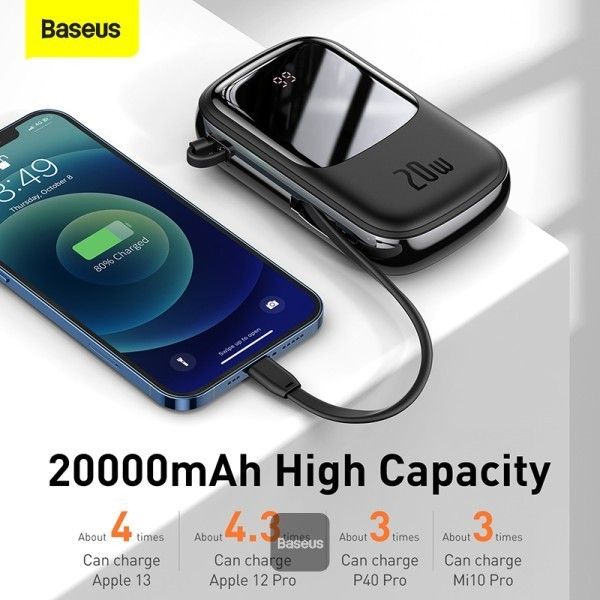 Baseus Qpow Pro + кабель USB to Type-C, 0.3 метра (3A, 20000 mAh, 22.5Вт, Type-C/USB-A/Lightning, QC 3.0) - Чорний