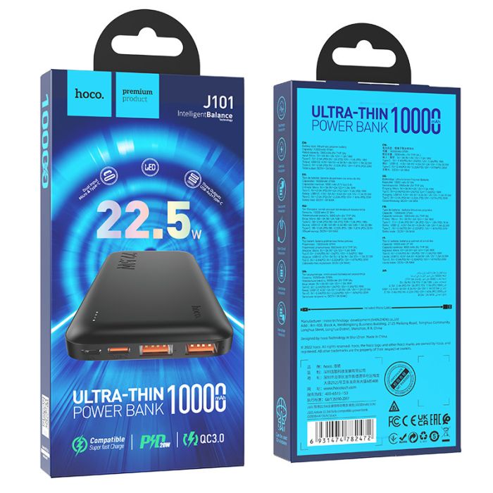 Hoco Ultra-Thin 10000 mAh J101 |2USB/Type-C, 22.5W| Black