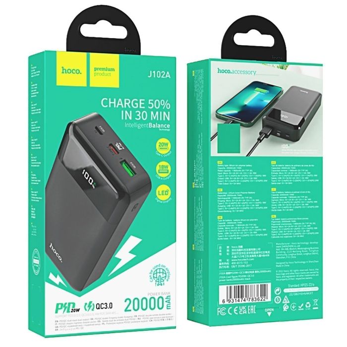 Hoco J102A Cool figure 20W 20000 mAh чорний із технологією QC3.0+PD3.0 |2USB/1Type-C, PD/QC, 20W, 3A|