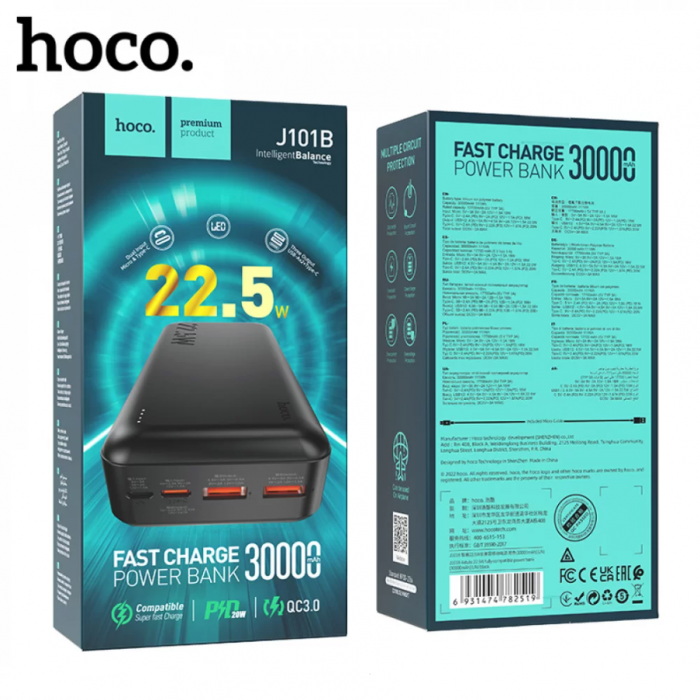 Hoco J101B Astute 22.5W 30000 mAh PD22,2W+QC3.0 быстрая зарядка Чёрный