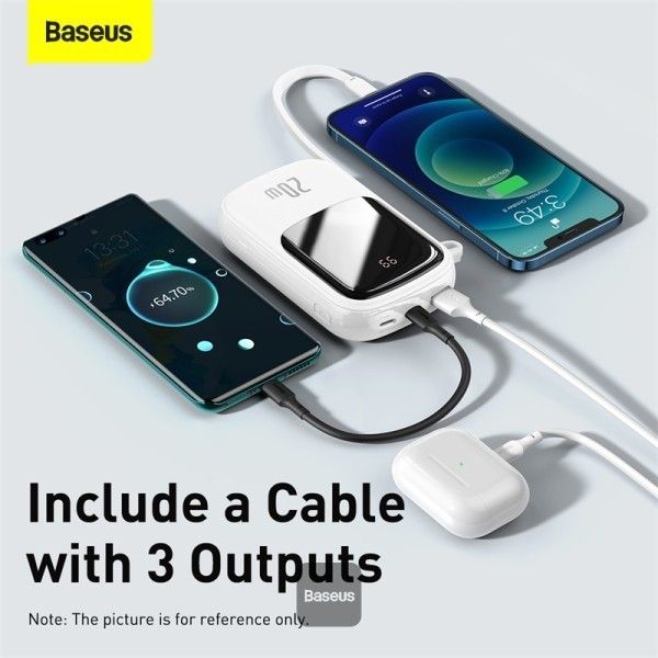 Baseus Qpow Pro + кабель USB to Type-C, 0.3 метра (3A, 20000 mAh, 22.5Вт, Type-C/USB-A/Lightning, QC 3.0) - Білий