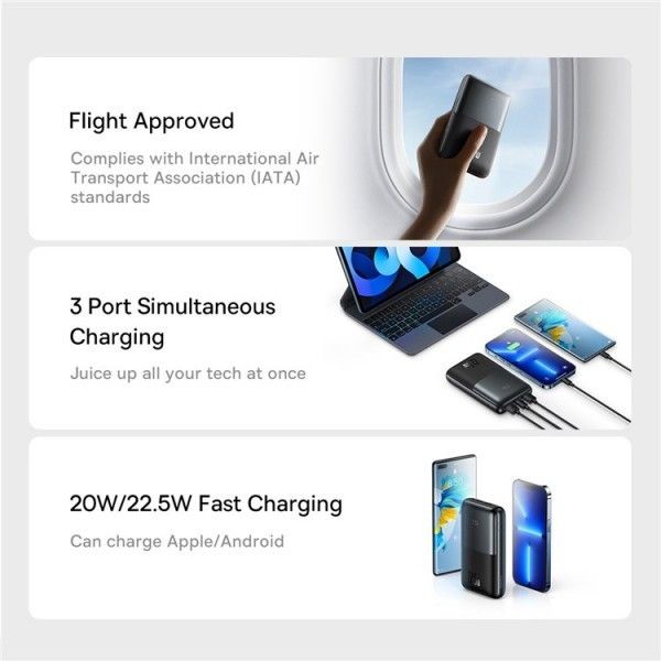 Baseus Bipow Pro + кабель USB to Type-C, 0.3 метра (3A, 20000 mAh, 22.5Вт, Type-C x 2 USB-A, QC 3.0) - Чорний