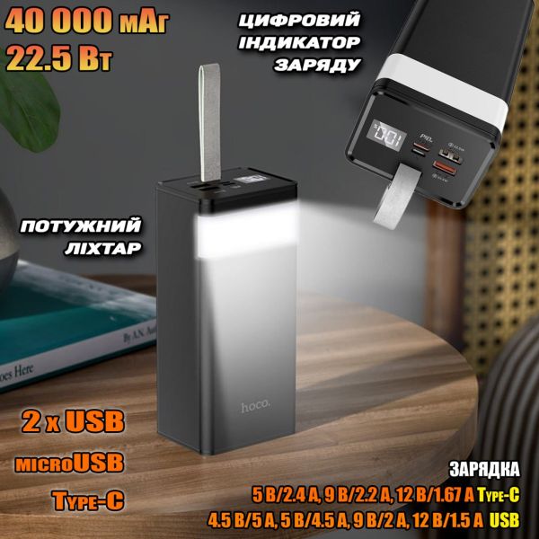 Hoco 40000 mAh-86J/2USB/1Type-C, micro USB зі швидкою зарядкою та ліхтарем Black