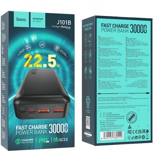 Hoco J101B-30000 mAh 22.5W fully compatible Micro-USB/Type-C, USB, LED індикатор Чорний
