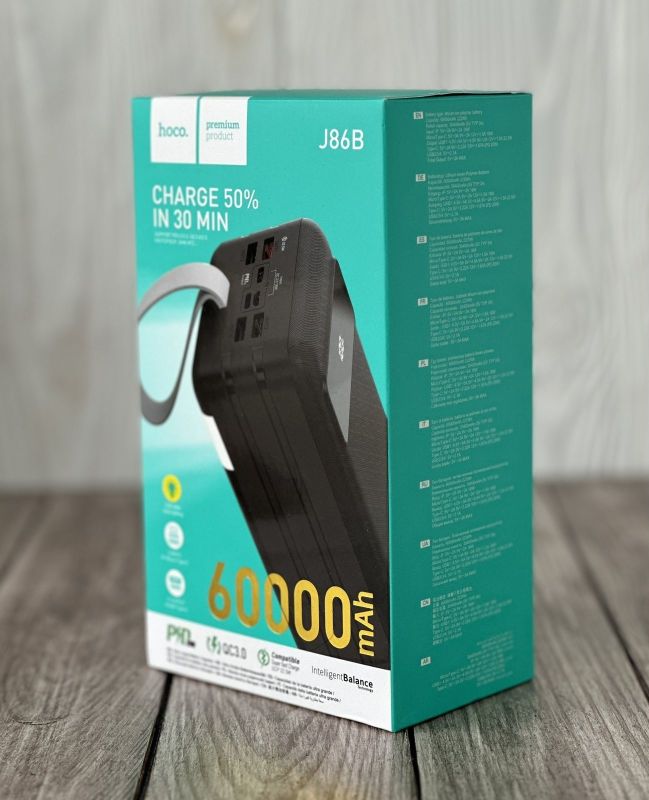 Hoco J86B 60000 мАh з ліхтариком, швидка зарядка 22.5W (Black)