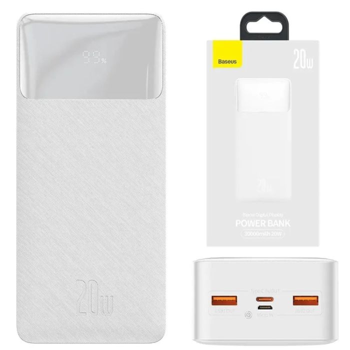 Baseus Bipow Digital Display 30000 mAh 20W 2xUSB/Type-C/microUSB білий (PPDML-N02)