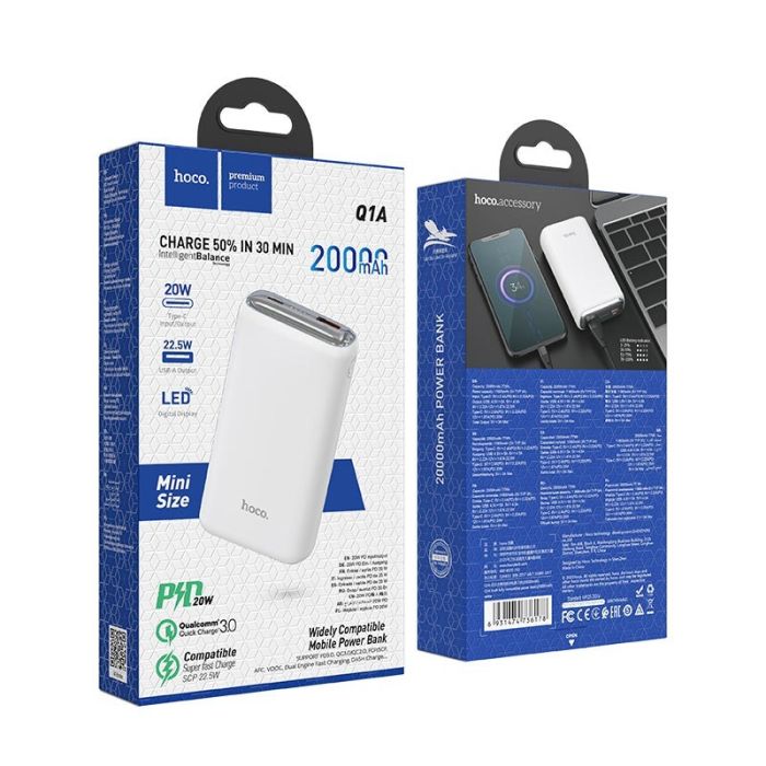 Hoco Q1A з Led зарядкою (PD 22.5W, 10000 mAh 1USB/1Type-C, 5V, 77Wh 3А, зі швидкою зарядкою) - Білий