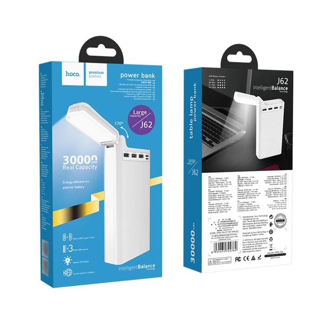 Hoco J62 30000 mAh портативная с фонариком 3xUSB White