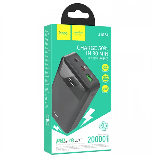 Hoco J102A PD20W+QC3.0 (22.5W) 20000 mAh портативная с дисплеем Black