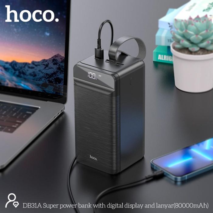 Hoco DB31A 80000 mAh з ліхтариком 3USB/Type-C/Lightning, 2.1A | black
