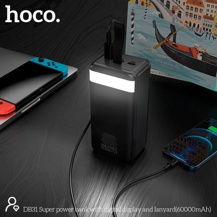Hoco DB31 60000 mAh з ліхтариком | 3USB/Type-C/Lightning, 2.1A | black