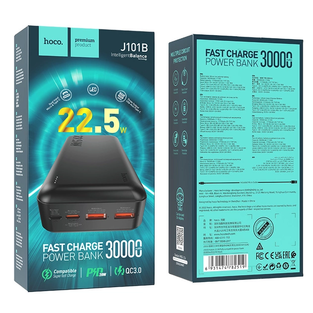 Hoco J101B PD20W+QC3.0 (22.5W) 30000 mAh портативная 2xUSB Black