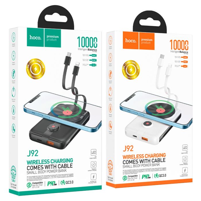 Hoco J92 MagSafe Wireless Charger (10000 mAh / Out: USB 22.5W, Cable-Type-C 20W, Cable-Lightning / In: Type-C, Cable-Type-C 18w) з Дисплеєм, білий