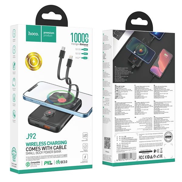 Hoco J92 MagSafe Wireless Charger (10000 mAh / Out: USB 22.5W, Cable-Type-C 20W, Cable-Lightning / In: Type-C, Cable-Type-C 18w) з Дисплеєм, чорний