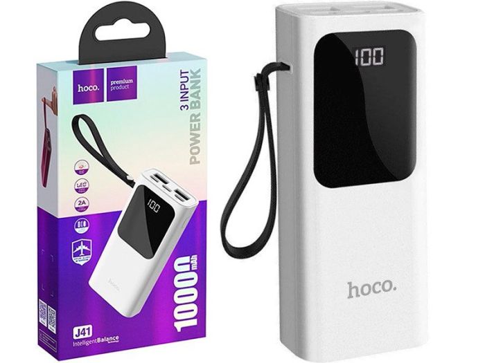 Hoco J41 Treasure Mobile (10000 mAh / Out: 2USB 5V/2A / In: Type-C, Lightning, micro-USB 5V/2A ) з LED індикатором, білий