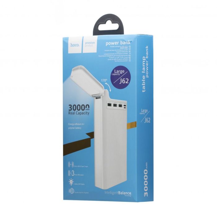 Hoco J62 Jove Table Lamp (30000 mAh / Out: 2USB 5V/2A / In: Type-C, micro-USB 5V/2A ) з LED індикатором, білий