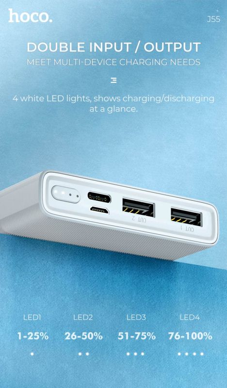 Hoco J55 Neoteric Mobile (10000 mAh / Out: 2USB 5V/2A / In: Type-C, micro-USB 5V/2A ) з LED індикатором, білий