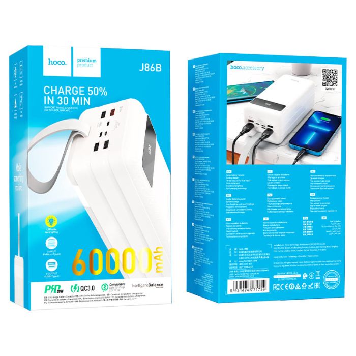 Hoco J86B (60000 mAh / Out: 4xUSB-A 22.5W QC3.0,Type-C PD 20W / In: Lightning, micro-USB, Type-C 18W ) з LED Дисплеєм і ліхтариком, білий