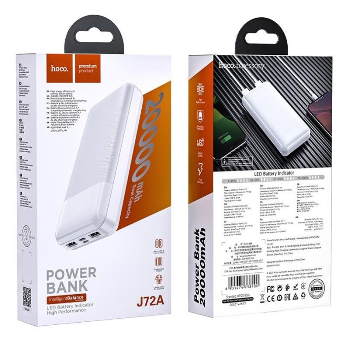 Hoco J72A Easy travel (20000 mAh / Out: 2USB 5V/2A / In: Type-C, micro-USB 5V/2A ) з LED індикатором, білий
