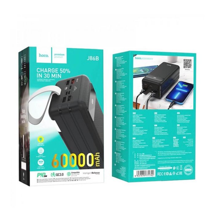 Hoco J86B (60000 mAh / Out: 4xUSB-A 22.5W QC3.0,Type-C PD 20W / In: Lightning, micro-USB, Type-C 18W ) з LED Дисплеєм і ліхтариком, чорний