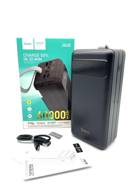 Hoco J86B (60000 mAh / Out: 4xUSB-A 22.5W QC3.0,Type-C PD 20W / In: Lightning, micro-USB, Type-C 18W ) з LED Дисплеєм і ліхтариком, чорний