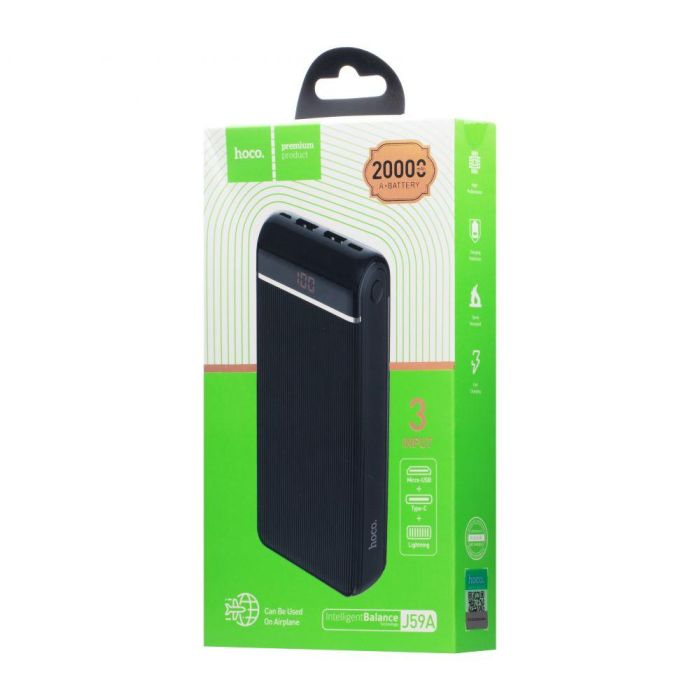 Hoco J59A Famous (20000 mAh / Out: 2USB 5V/2A / In: Type-C, Lightning, micro-USB 5V/2A ) з LED індикатором, чорний