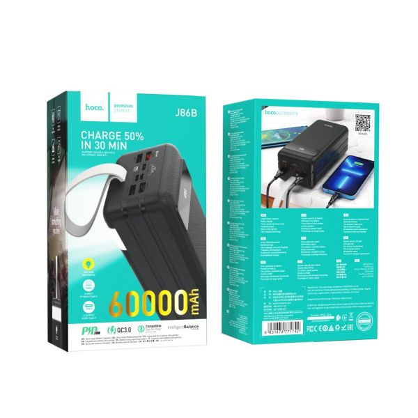Hoco J86B Electric 60000 mAh, Lightning / Micro-USB / Type-C 18W, вихід USB 22.5W / Type-C 20W / 3USB 2.1A, з LED дисплеєм Black