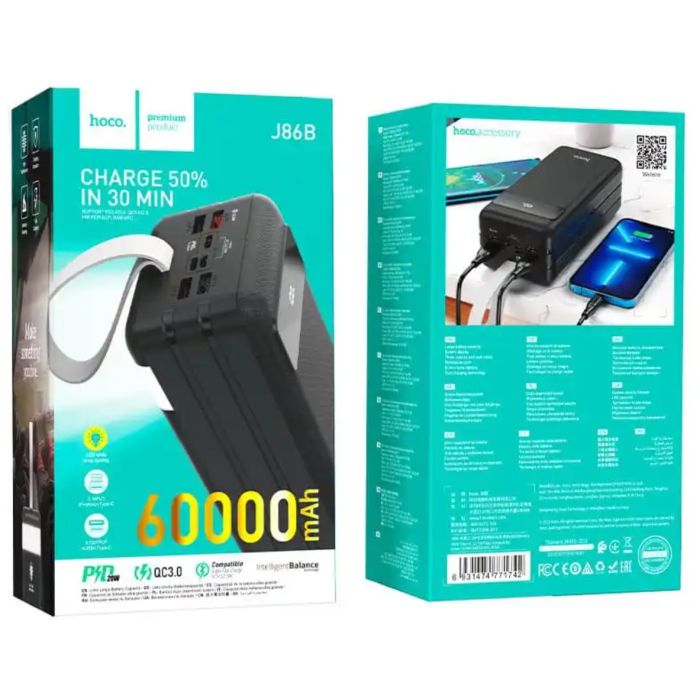 Hoco J86B 60000 mAh 5USB/Type-C, PD/QC, 5A/22.5W чорний з ліхтариком