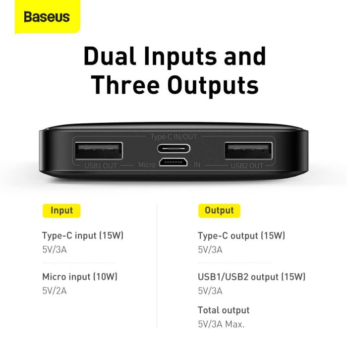 УМБ BASEUS Bipow Digital Display Power bank 10000mAh |2USB/1Type-C, 3A/15W, QC| (PPDML-I02) чорна