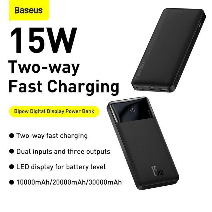 УМБ BASEUS Bipow Digital Display Power bank 10000mAh |2USB/1Type-C, 3A/15W, QC| (PPDML-I02) чорна