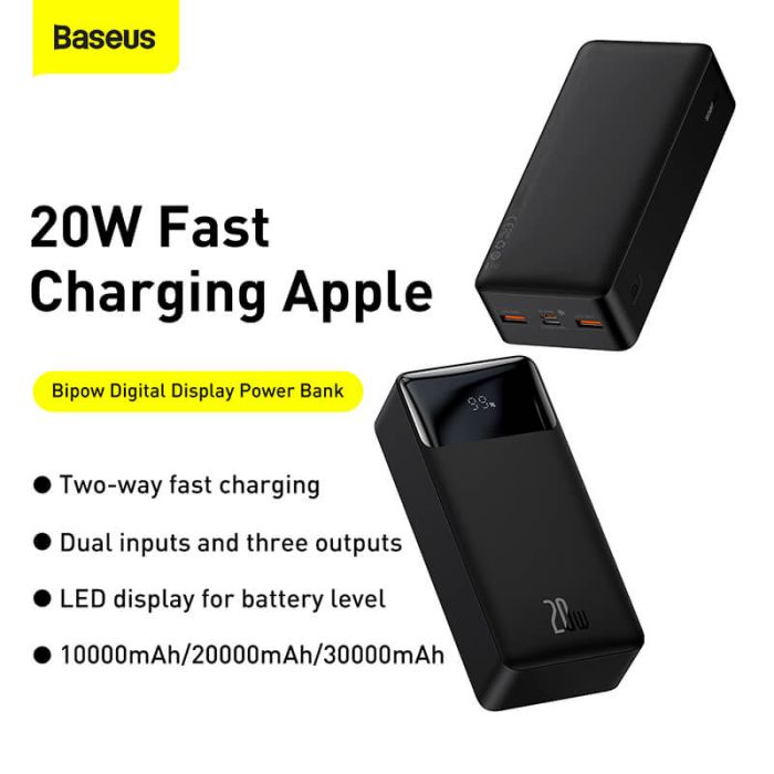 Baseus Bipow Digital Display 30000 mAh |2USB/1Type-C, PD/QC, 20W, 3A| (PPDML-N02) чорна