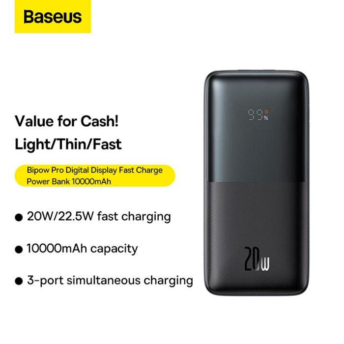 Baseus Bipow Pro Digital Display Fast Charge 10000 mAh |2USB/Type-C, QC/PD, 20W/3A| (PPBD040201) чорна