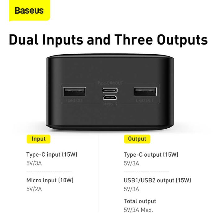 Baseus Bipow Digital Display 30000 mAh |2USB/1Type-C, 3A/15W, QC| (PPDML-K02) чорна