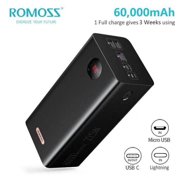 Зовнішній акумулятор Power Bank Romoss PEA60 60000mAh (3USB+Type-C) зі швидкою зарядкою 22.5W
